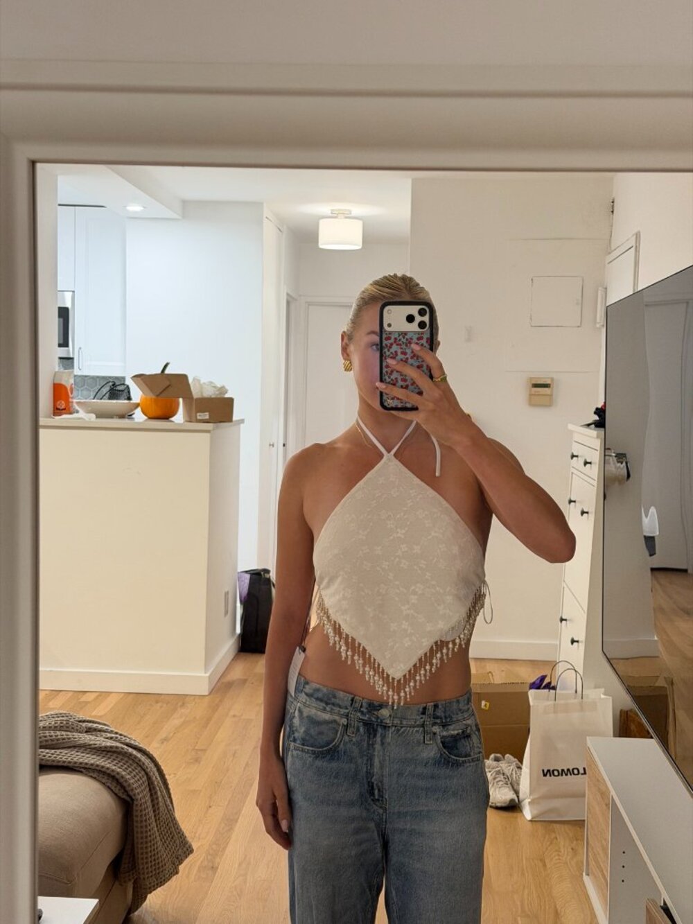 More To Come White Lace Halter Tie Back Beaded Fringe Top